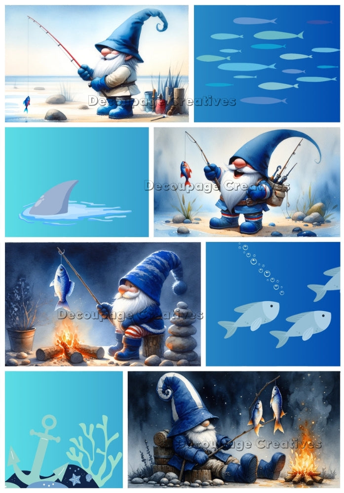 Multiple scenes of cartoonish gnome in blue hat, fishing. A4 Decoupage Paper for Craft making.