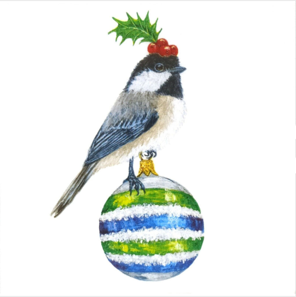 blue bird with black and white head wearing red cherries and green leaf as a hat standing on a blue white and green Christmas bauble Decorative Paper Napkin for Decoupage Mixed Media, Scrapbooking