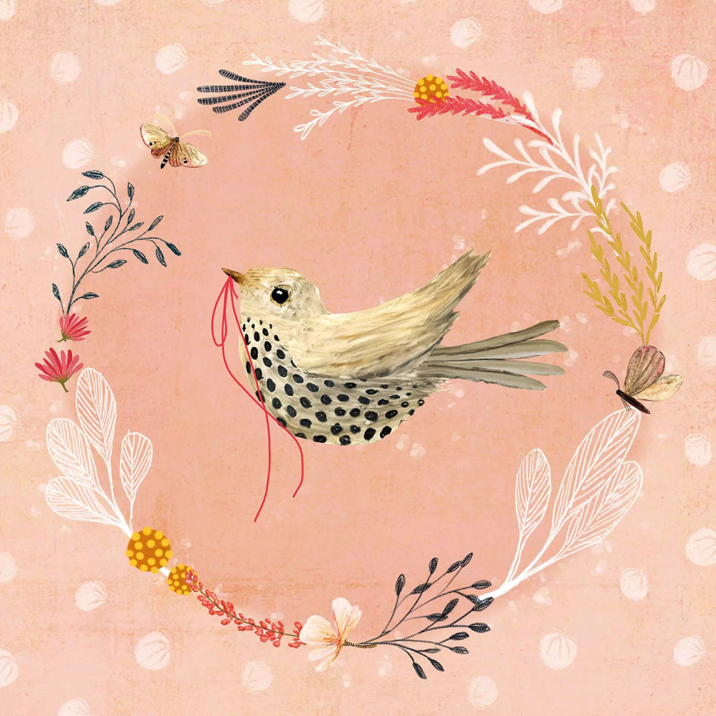 yellow bird with black dots on belly carrying a red thread in beak on a pink background in a wreath of white yellow black and red vDecorative Paper Napkin for Decoupage Mixed Media, Scrapbooking