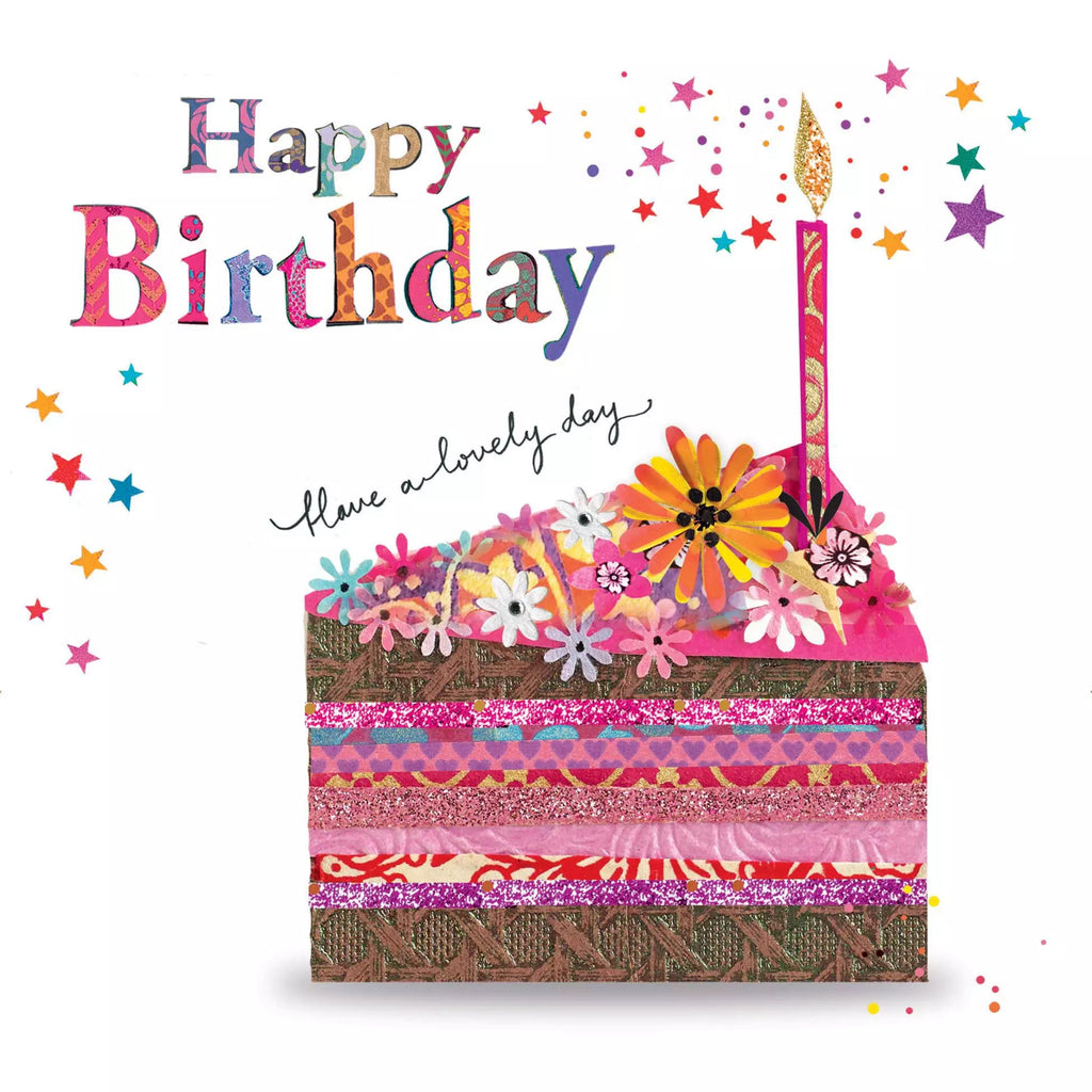 a piece of brown chocolate cake with festive pink icing and one candle and the words Happy Birthday have a lovely day and multicolored stars Decorative Paper Napkin for Decoupage Mixed Media, Scrapbooking