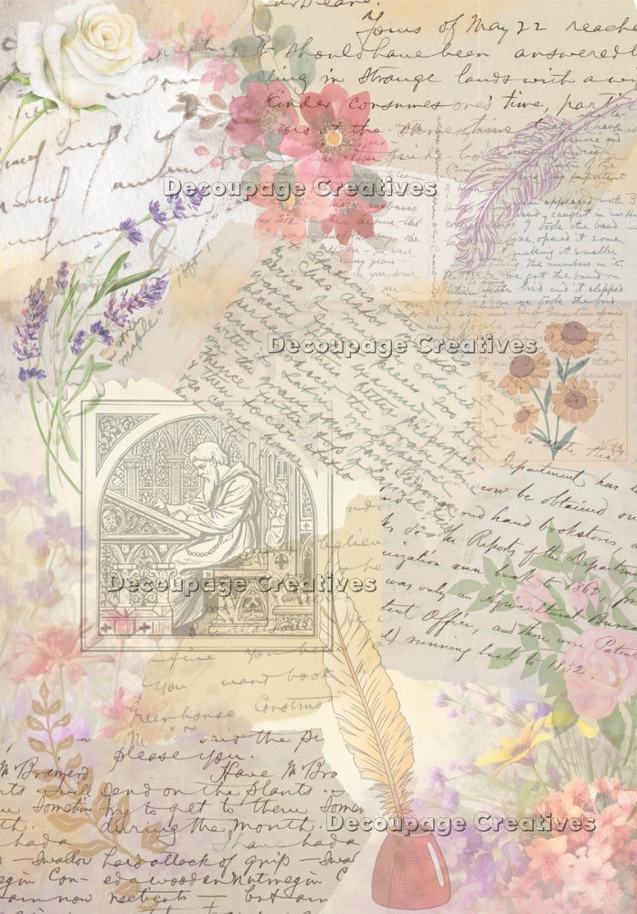 Collage of flowers and vintage script in peach and pink tones. A4 Decoupage Paper for Craft making.