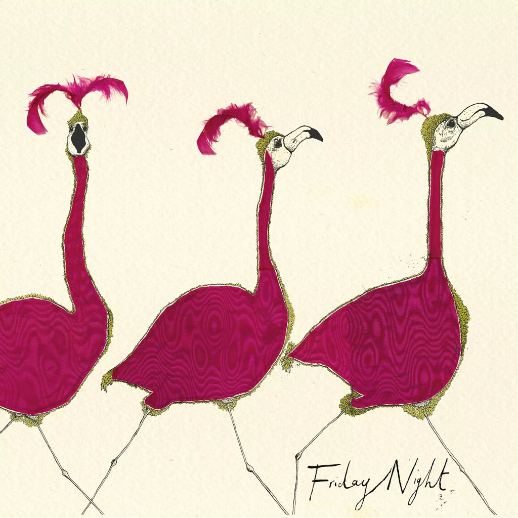 cartoon of three pink flamingos dressed up with pink plumes and the word Friday night Decorative Paper Napkin for Decoupage Mixed Media, Scrapbooking