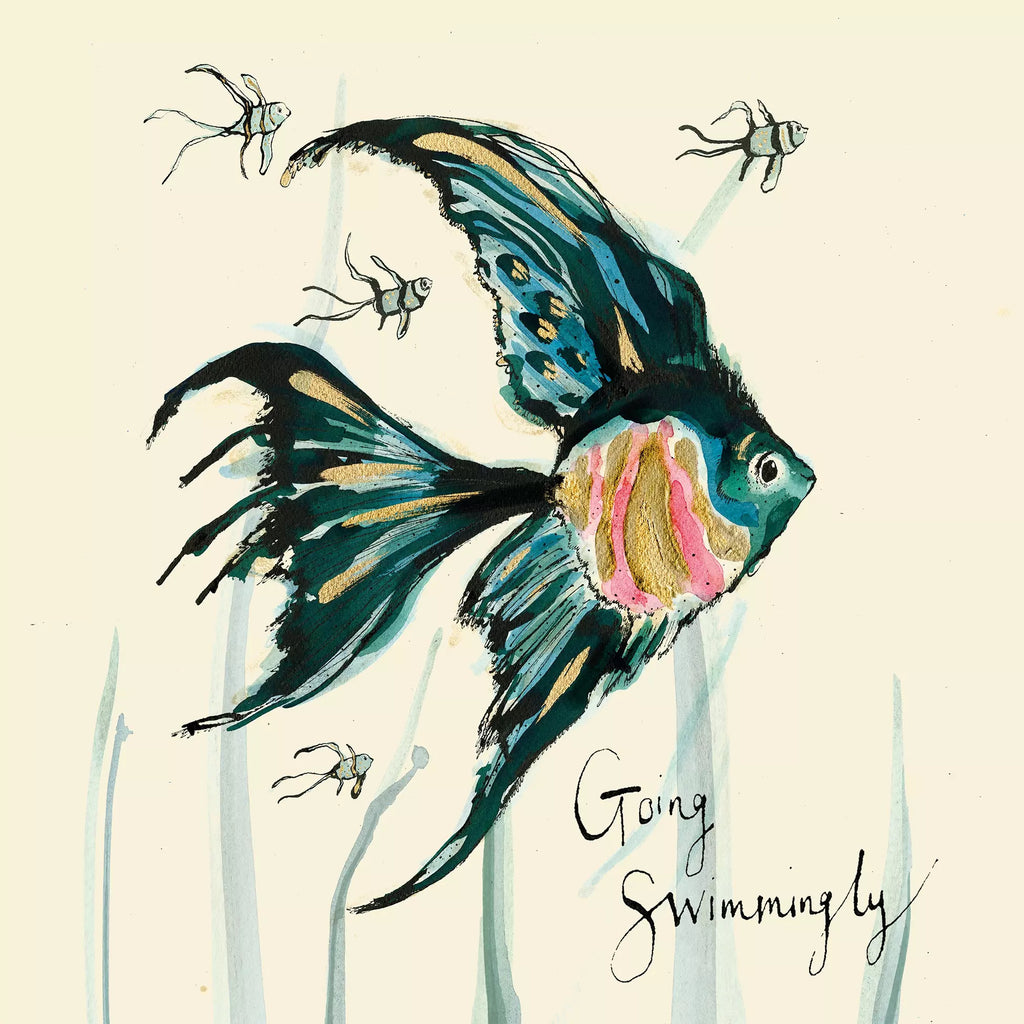 A blue turquoise pink and brown Angel fish with 4 smaller fish swimming with the words going swimmingly written in cursive Decorative Paper Napkin for Decoupage Mixed Media, Scrapbooking