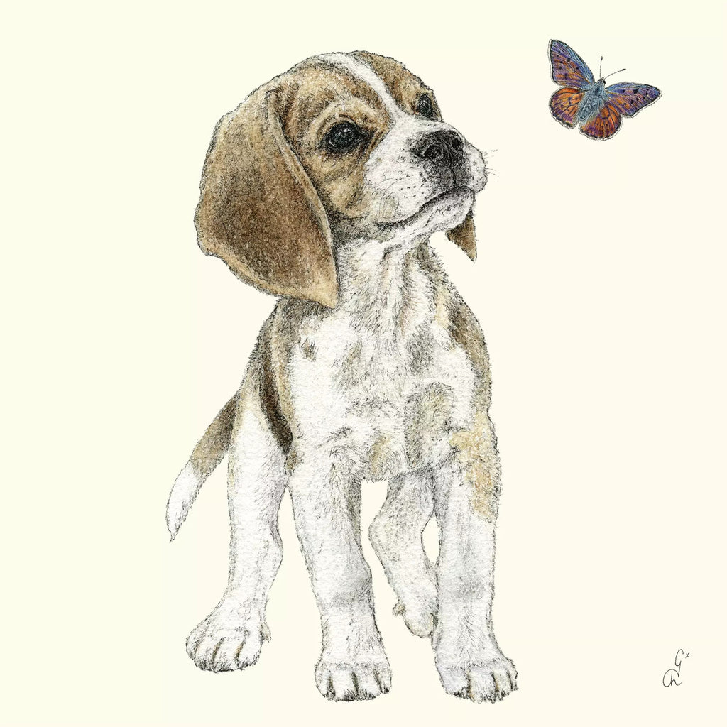Cute baby beagle dog with brown head and white body looking at a purple and orange butterfly Decorative Paper Napkin for Decoupage Mixed Media, Scrapbooking