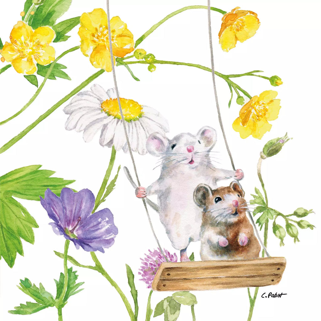 two cute little grey and brown mice with yellow white and purple flowers Decorative Paper Napkin for Decoupage Mixed Media, Scrapbooking