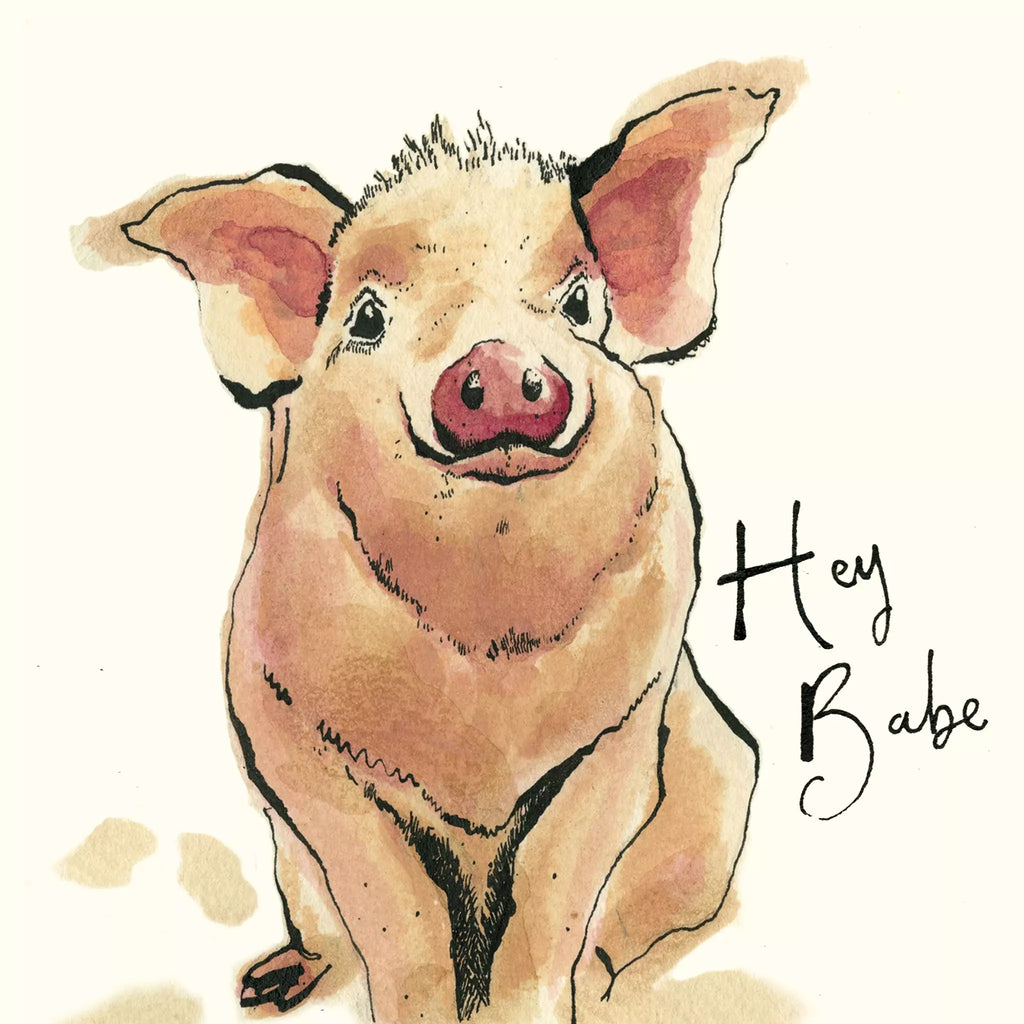 pictured of cheerfully looking brown and pink pig with the words Hey Babe Decorative Paper Napkin for Decoupage Mixed Media, Scrapbooking