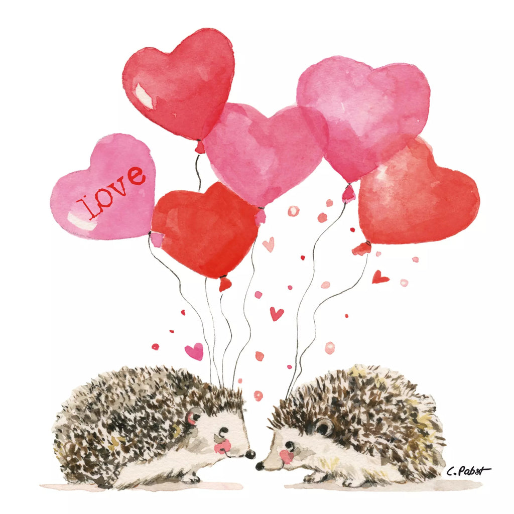 two brownish tan hedgehogs in love with red red heart balloons with one have the word Love written on it Decoupage Craft Paper Napkin for Mixed Media, Scrapbooking
