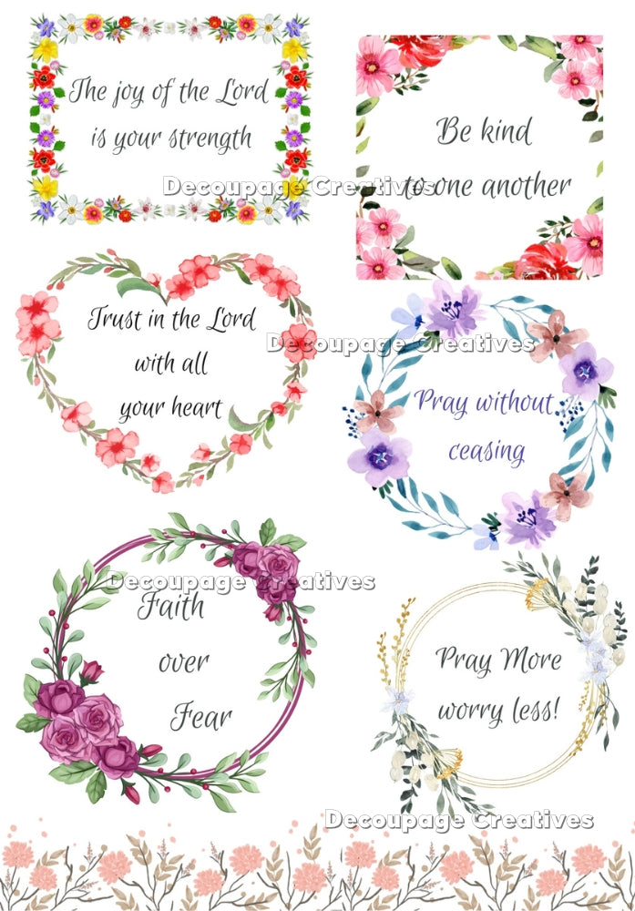 Colorful flower wreaths with religious sayings. A4 Decoupage Paper for Craft making. Paper by Decoupage Creatives