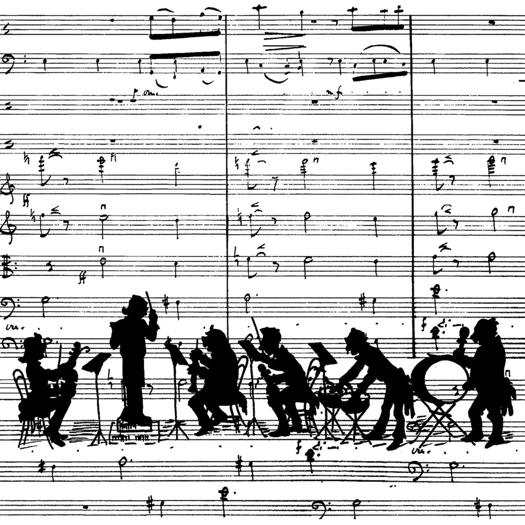 Ink blotch picture of a musical score sheet music with a shadow cartoonish image of an orchestra playing Decoupage Craft Paper Napkin for Mixed Media, Scrapbooking
