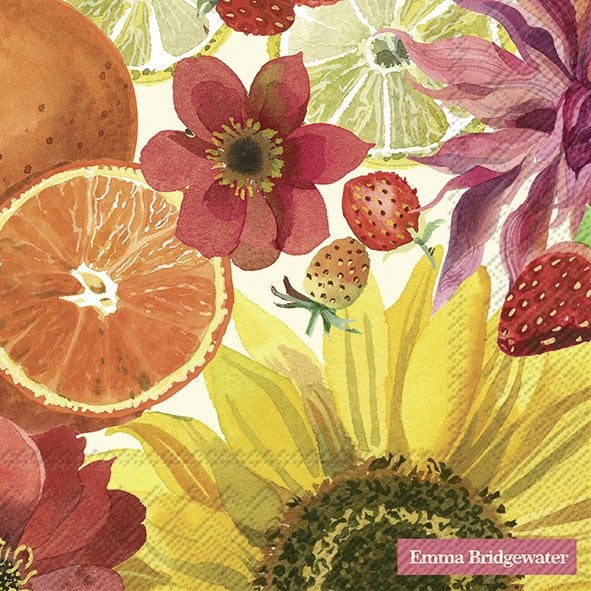 Cut oranges red strawberries and cut lemons with yellow sun flowers and red  red flowers on white background Decoupage Craft Paper Napkin for Mixed Media, Scrapbooking