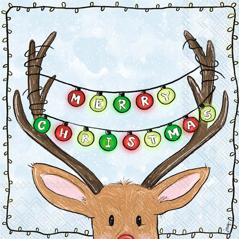 cartoon deer head with Merry Christmas ornaments in red green light green wire light on the antlers Decoupage Craft Paper Napkin for Mixed Media, Scrapbooking