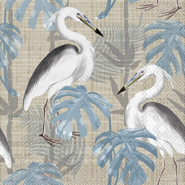 White cranes with blue and grey leafy plants on bamboo wash background Decoupage Craft Paper Napkin for Mixed Media, Scrapbooking