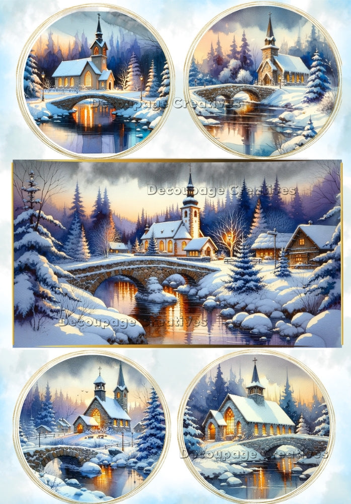 Country churches on snowy night in a pine forest decoupage paper by Decoupage