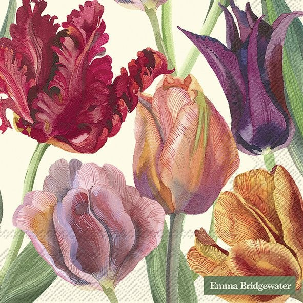 Red purple orange and apricot colored tulips on cream background Decoupage Craft Paper Napkin for Mixed Media, Scrapbooking