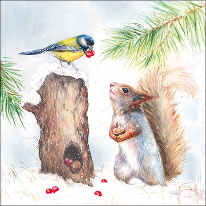 winter scene with bird on stump giving red berry to squirrel holding nuts Decoupage Craft Paper Napkin for Mixed Media, Scrapbooking