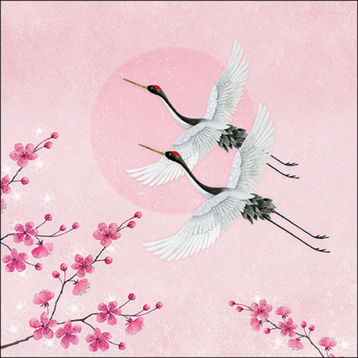 white cranes flying against pink sun and sky with pink cherry blossoms Decoupage Craft Paper Napkin for Mixed Media, Scrapbooking