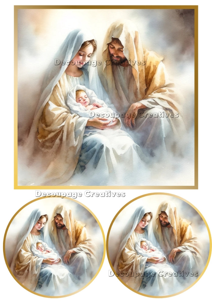 a beautiful scene of mary and joseph holding the baby jesus decoupage paper by Decoupage Creatives