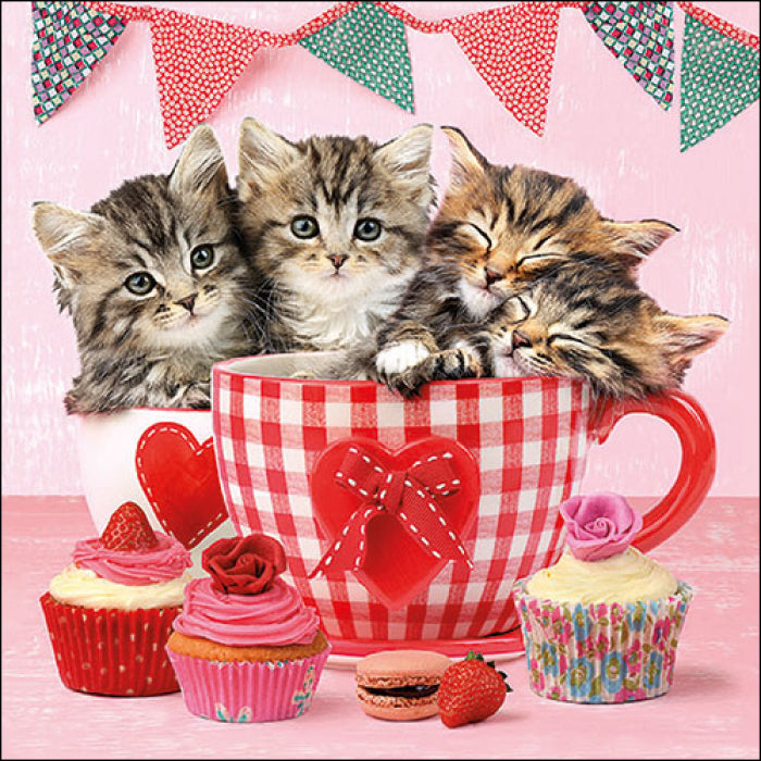 Red checkered tea cub with red hearts filled with kittens Decoupage Craft Paper Napkin for Mixed Media, Scrapbooking