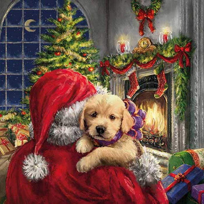 Santa facing a fires with Christmas tree and decoration holding a puppy Decoupage Craft Paper Napkin for Mixed Media, Scrapbooking