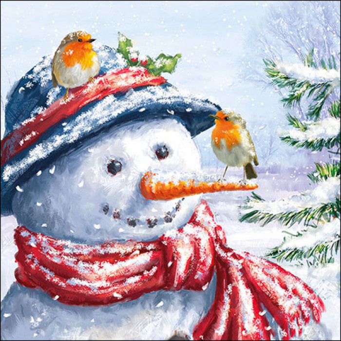 snowman with white and orange birds on his head and nose Decoupage Craft Paper Napkin for Mixed Media, Scrapbooking