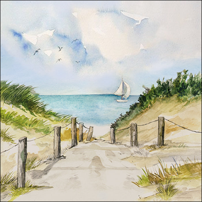 sandy bath through the dunes to blue ocean with white sail boat Decoupage Craft Paper Napkin for Mixed Media, Scrapbooking