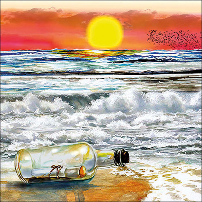 bottle on a beach at sunset with white waves and red clouds Decoupage Craft Paper Napkin for Mixed Media, Scrapbooking
