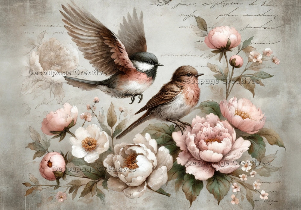 two Vintage birds on pink blossoms decoupage paper by Decoupage