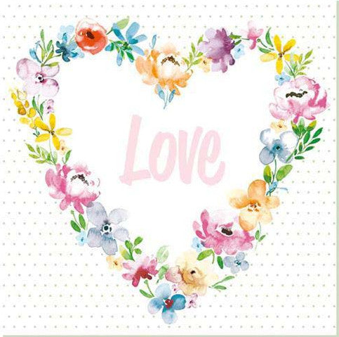 Heart shaped floral wreath with Love lettering and polka dot background. Shop Decoupage Craft Paper Napkin for Mixed Media, Scrapbooking