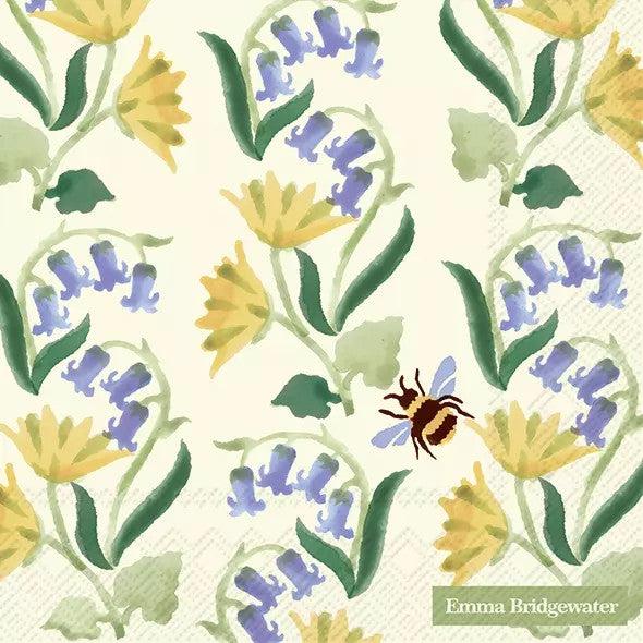 Yellow and purple flowers with bumble bee. Shop Decoupage Craft Paper Napkin for Mixed Media, Scrapbooking