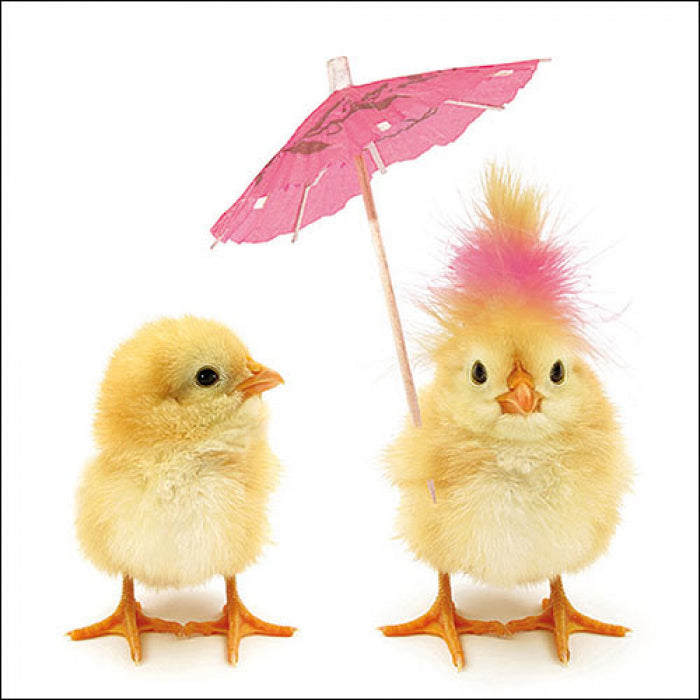 Two yellow chicks with pink umbrella. Shop Decoupage Craft Paper Napkin for Mixed Media, Scrapbooking