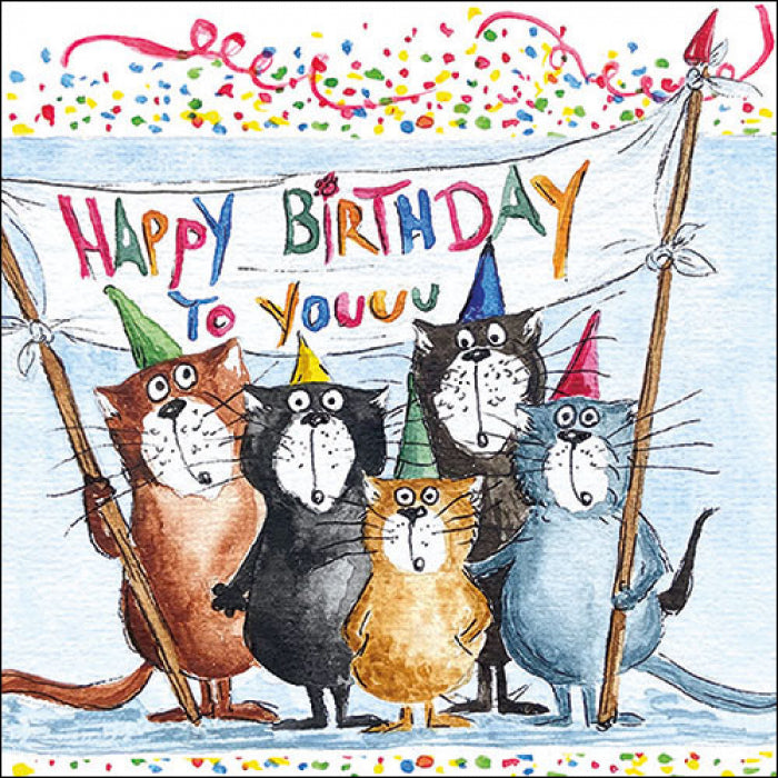 Birthday Decorative Paper Napkin with cats holding Birthday sign. Shop Decoupage Craft Paper Napkin for Mixed Media, Scrapbooking