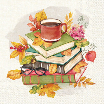 green books with autumn leaves of red and yellow and red cup of coffee Decoupage Craft Paper Napkin for Mixed Media, Scrapbooking