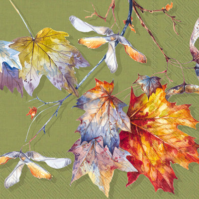 autumn leaves of red, yellow and green on green Decoupage Craft Paper Napkin for Mixed Media, Scrapbooking
