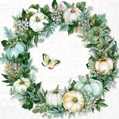 wreath of white and green pumpkins with butterfly Decoupage Craft Paper Napkin for Mixed Media, Scrapbooking