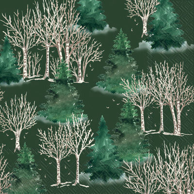 white aspen trees and evergreens on dark green Decoupage Craft Paper Napkin for Mixed Media, Scrapbooking