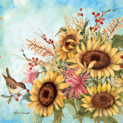 yellow sunflowers with birds on blue Decoupage Craft Paper Napkin for Mixed Media, Scrapbooking