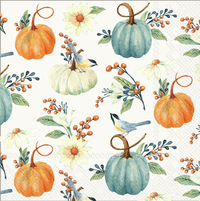blue, orange and white pumpkins with birds on white Decoupage Craft Paper Napkin for Mixed Media, Scrapbooking