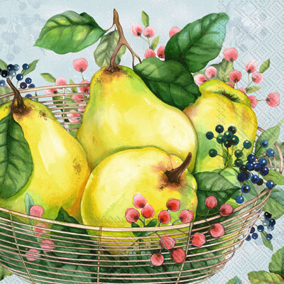 green pears with pink and blue berries in a basket  Decoupage Craft Paper Napkin for Mixed Media, Scrapbooking