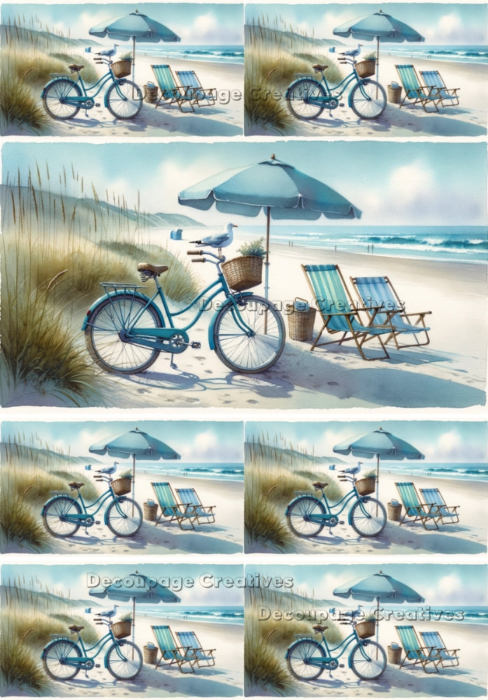 Beach Bicycles with beach chairs and Umbrellas decoupage paper by Decoupage Creatives