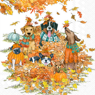 pack of dogs dressed in fall colors with yellow and red leaves Decoupage Craft Paper Napkin for Mixed Media, Scrapbooking