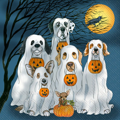 dogs dressed for trick or treating with white sheets and orange pumpkins Decoupage Craft Paper Napkin for Mixed Media, Scrapbooking