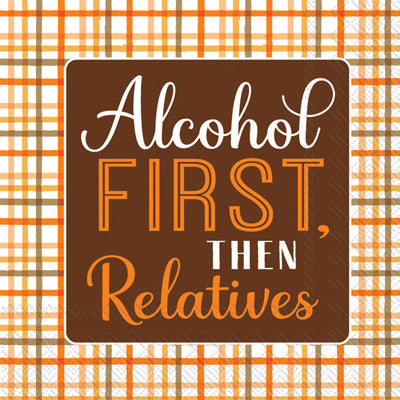 orange checks with brown sign about alcohol first then relatives Decoupage Craft Paper Napkin for Mixed Media, Scrapbooking