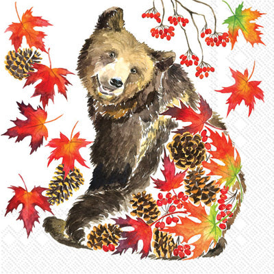 dark brown bear with red leaves on white Decoupage Craft Paper Napkin for Mixed Media, Scrapbooking
