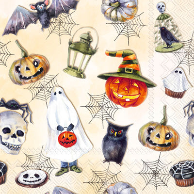 pumpkins, ghosts and spider webs with black bats and white skulls halloween Decoupage Craft Paper Napkin for Mixed Media, Scrapbooking