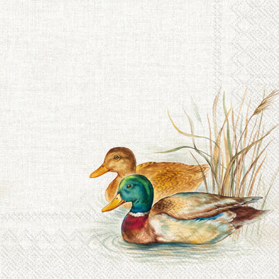 mallard duck on a pond with yellow grass on white Decoupage Craft Paper Napkin for Mixed Media, Scrapbooking