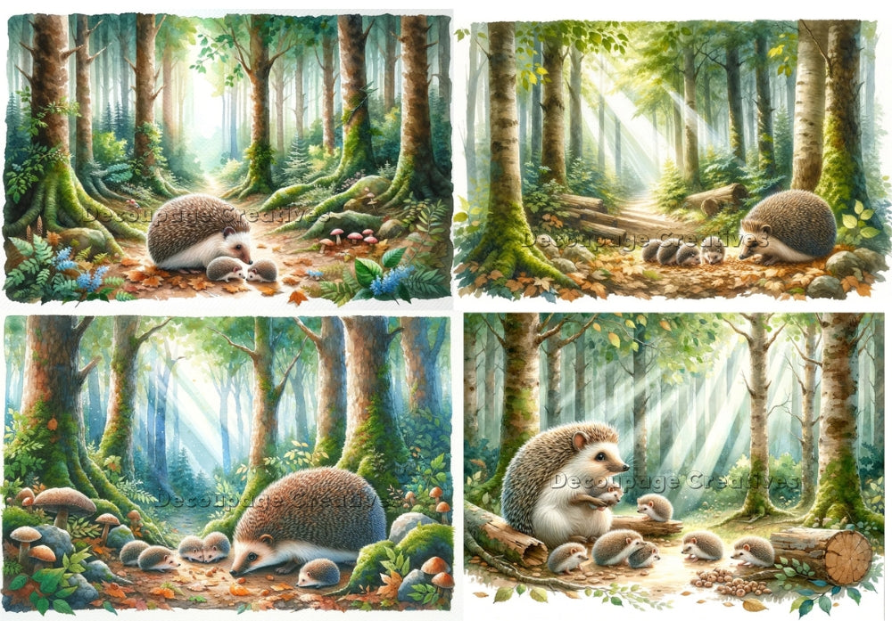 A mother hedgehog and babies in the forest eating decoupage paper by Decoupage Creatives