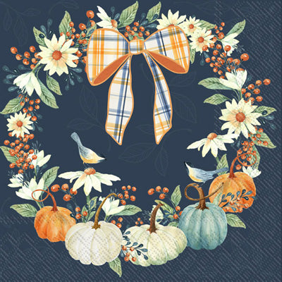fall pumpkin wreath with white , orange, green and orange on blue buffet Decoupage Craft Paper Napkin for Mixed Media, Scrapbooking