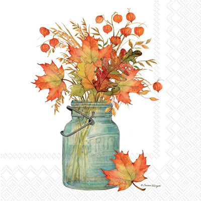 clear jar with fall leaves of red and orange buffet Decoupage Craft Paper Napkin for Mixed Media, Scrapbooking