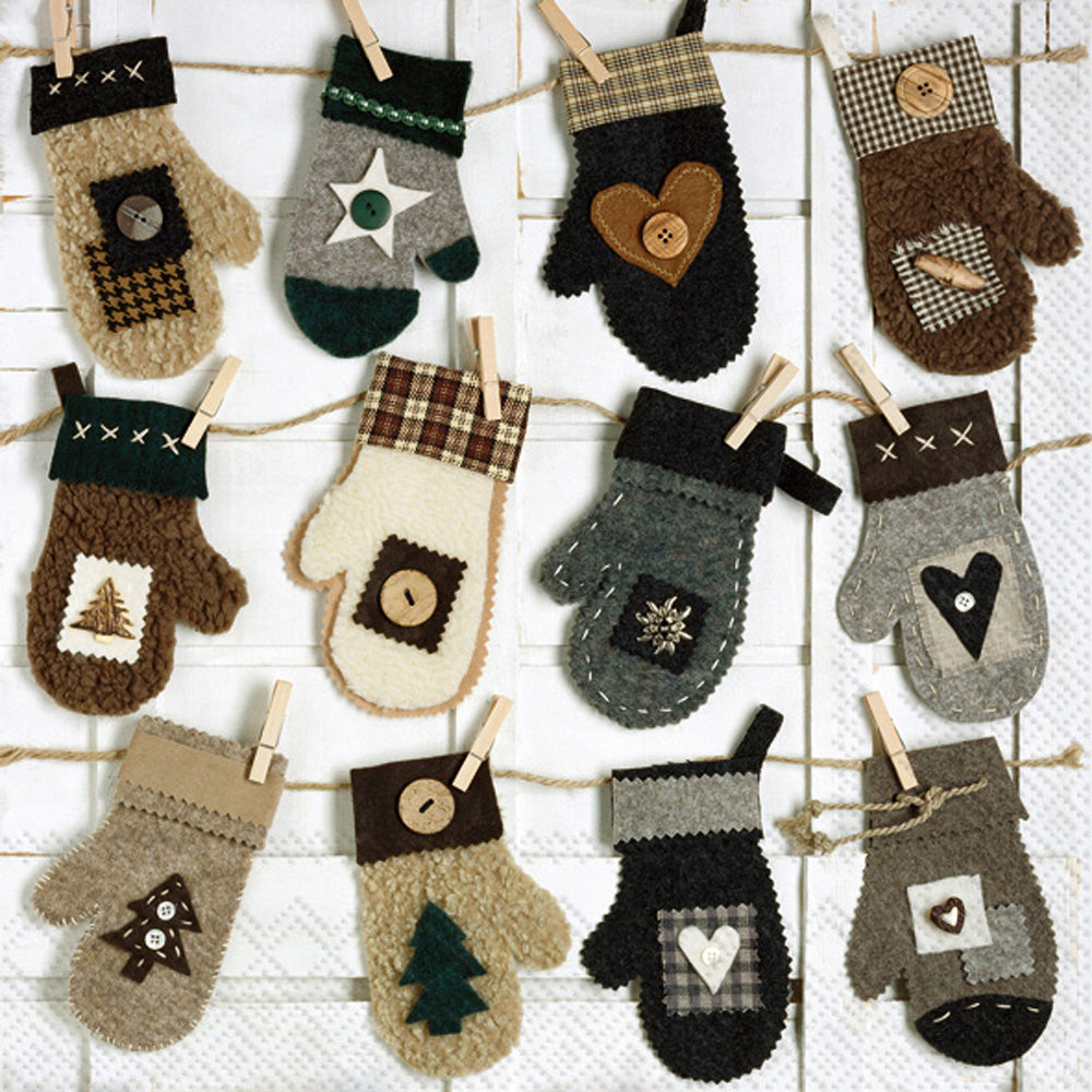 fuzzy mittens hanging on stings clipped with clothes pins on white  Decoupage Napkin