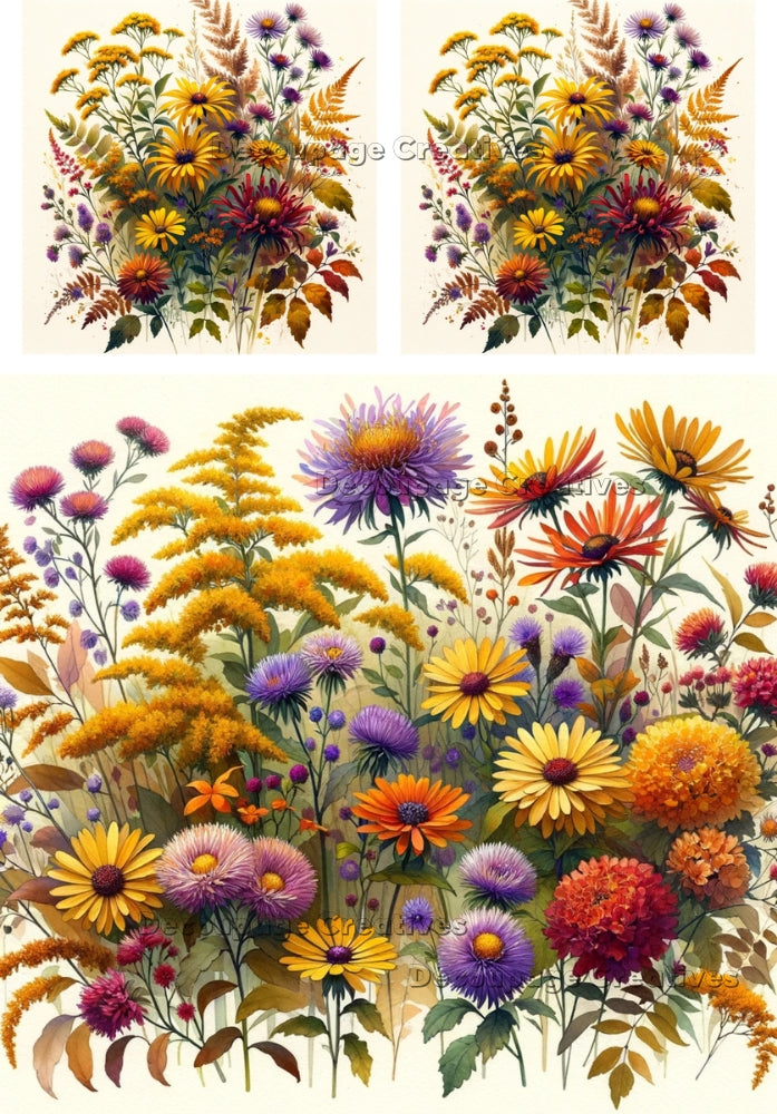 Colorful Autumn flower scene of gold, purple and orange decoupage paper by Decoupage Creatives